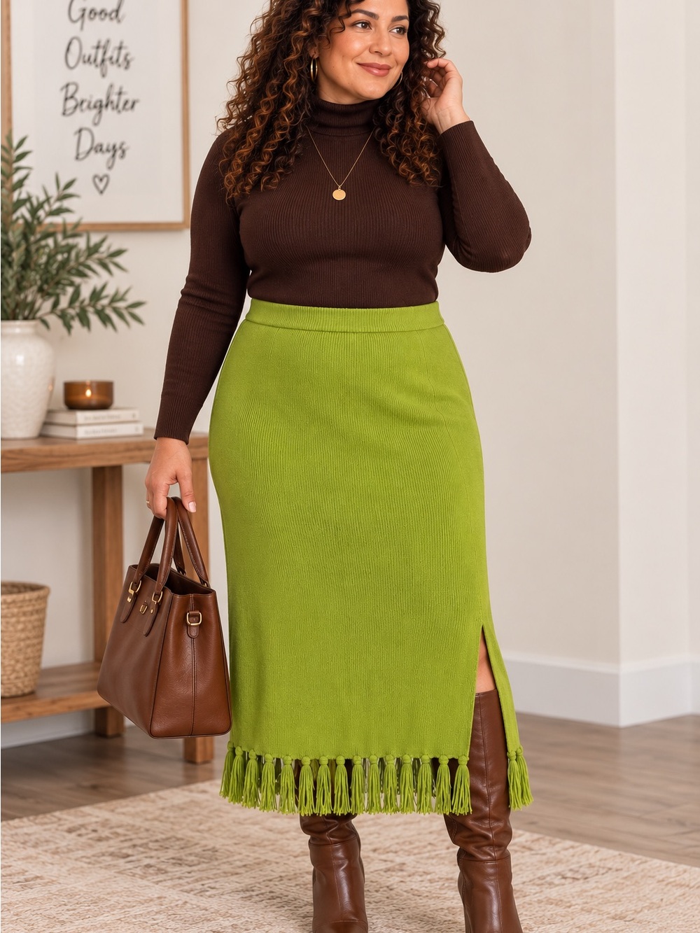 Maurada  2X Chartreuse Green Knit Maxi Skirt Side Slit Fringe Hem Boho